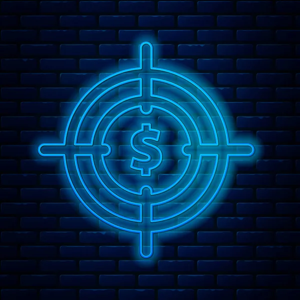 Zářící neonová čára Cíl s ikonou symbolu dolaru izolovaný na pozadí cihlové zdi. Ikona cíle investice. Úspěšný obchodní koncept. Hotovost nebo peníze. Vektorová ilustrace — Stockový vektor