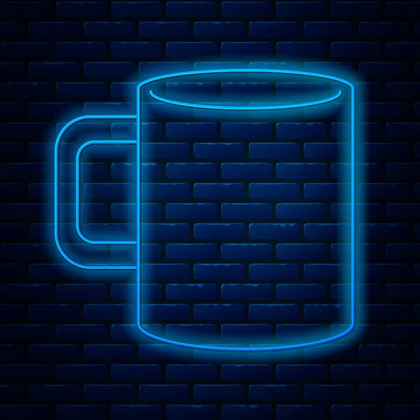 Brillante línea de neón taza de café icono plano aislado en el fondo de la pared de ladrillo. Taza de té. Café caliente. Ilustración vectorial — Archivo Imágenes Vectoriales