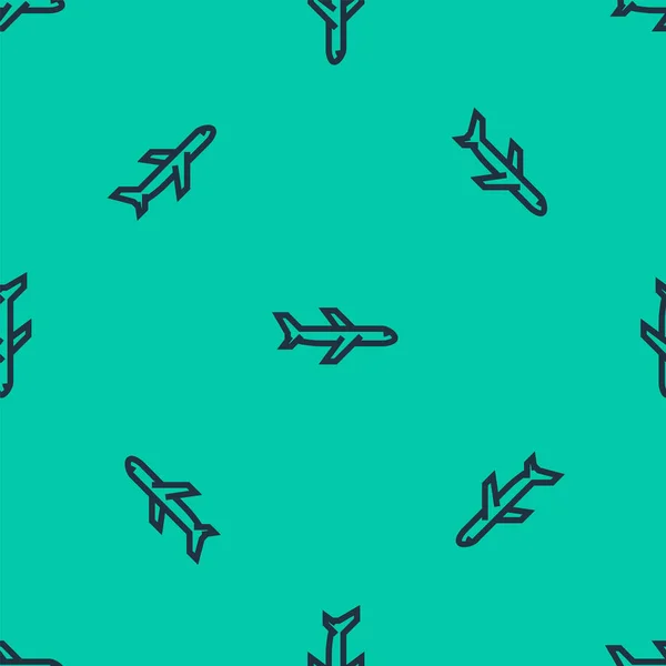 Blaue Linie Ebene Symbol isoliert nahtlose Muster auf grünem Hintergrund. Flugzeugikone. Verkehrszeichen. Vektorillustration — Stockvektor