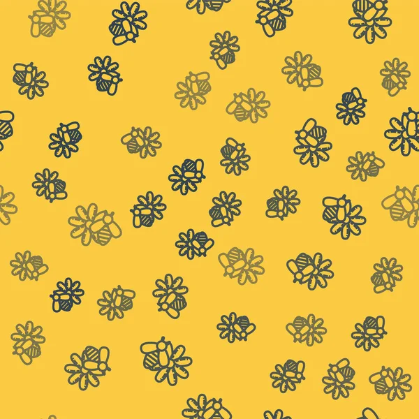 Ligne bleue Abeille et icône de fleur isolé motif sans couture sur fond jaune. Nourriture naturelle douce. Abeille à miel ou apis avec symbole d'ailes. Un insecte volant. Illustration vectorielle — Image vectorielle
