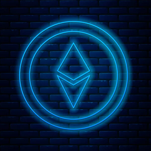 Leuchtende Neon-Line-Kryptowährung Coin Ethereum, ein Symbol isoliert auf Backsteinmauer Hintergrund. Altmünzsymbol. Blockchain-basierte sichere Kryptowährung. Vektorillustration — Stockvektor