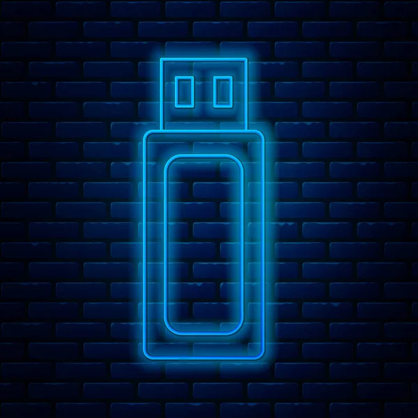 Icona flash drive USB linea fluorescente al neon isolato su sfondo muro di mattoni. Illustrazione vettoriale — Vettoriale Stock