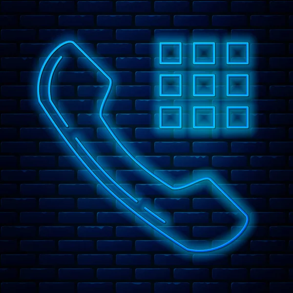 ネオンラインを光るレンガの壁の背景に隔離された電話機のアイコン。電話のサインだベクターイラスト — ストックベクタ