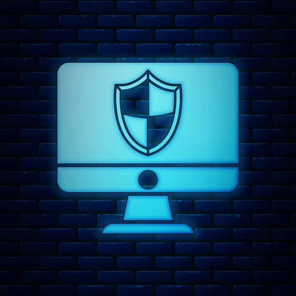 Λαμπερό νέον οθόνη υπολογιστή και ασπίδα εικονίδιο απομονώνονται σε φόντο τοίχο από τούβλα. Ασφάλεια, τεχνολογία τείχους προστασίας, ασφάλεια ιδιωτικότητας στο διαδίκτυο ή antivirus. Εικονογράφηση διανύσματος — Διανυσματικό Αρχείο