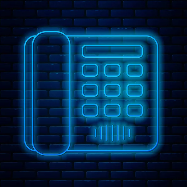 Leuchtende Leuchtschrift Telefon-Symbol isoliert auf Backsteinwand Hintergrund. Festnetztelefon. Vektorillustration — Stockvektor