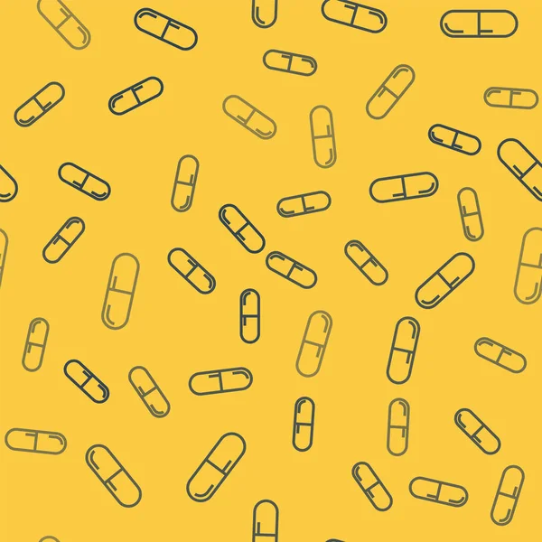 파란 선 약 알약이나 태블릿 아이콘은 노란 배경 위에서 바다없는 패턴을 분리 했습니다. 캡슐 약 과 약의 사인. 약국 디자인. 벡터 일러스트 — 스톡 벡터