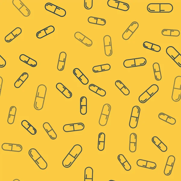 Pílula medicina linha azul ou tablet ícone isolado padrão sem costura no fundo amarelo. Comprimido de cápsula e sinal de droga. Design de farmácia. Ilustração vetorial —  Vetores de Stock