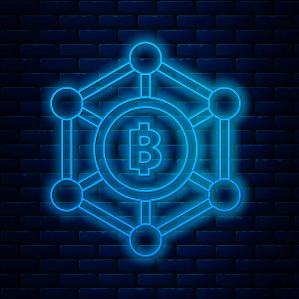 Línea de neón brillante Tecnología Blockchain Icono de Bitcoin aislado en el fondo de la pared de ladrillo. Negocio abstracto de tecnología de red de cadena de bloques geométricos. Ilustración vectorial — Vector de stock