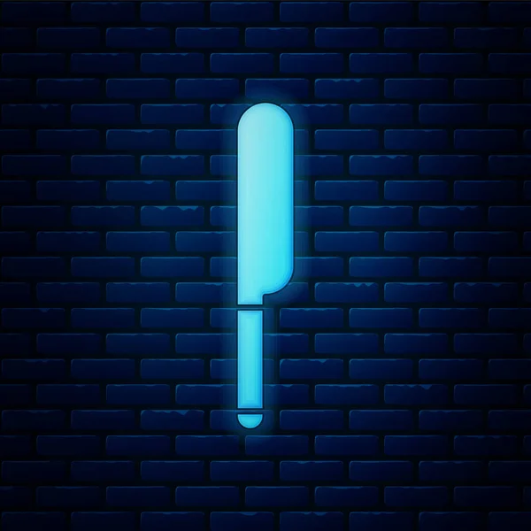 Ragyogó neon kés ikon elszigetelt téglafal háttér. Evőeszköz szimbólum. Vektorillusztráció — Stock Vector