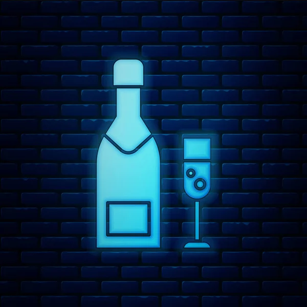 Glowing neon Champagne bottle and glass of champagne icon isolated on brick wall background. Merry Christmas and Happy New Year. Vector Illustration — ストックベクタ