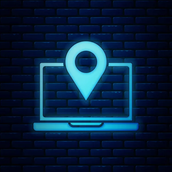 Glowing neon Laptop with location marker icon isolated on brick wall background. Vector Illustration — ストックベクタ