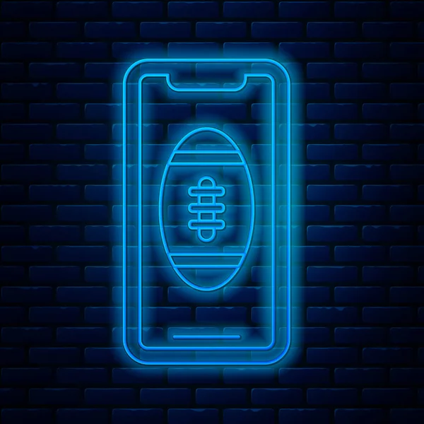 Leuchtende Neon-Line-Smartphone mit American Football Ball auf dem Bildschirm Symbol isoliert auf Backsteinwand Hintergrund. Online-Fußballspiel für Mobiltelefone. Vektorillustration — Stockvektor