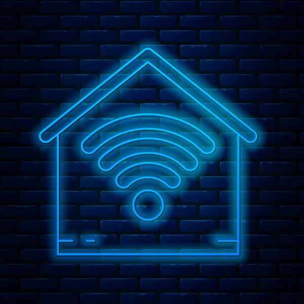 Leuchtende Neon-Linie Smart Home mit Wi-Fi-Symbol isoliert auf Ziegelwand Hintergrund. Fernbedienung. Vektorillustration — Stockvektor