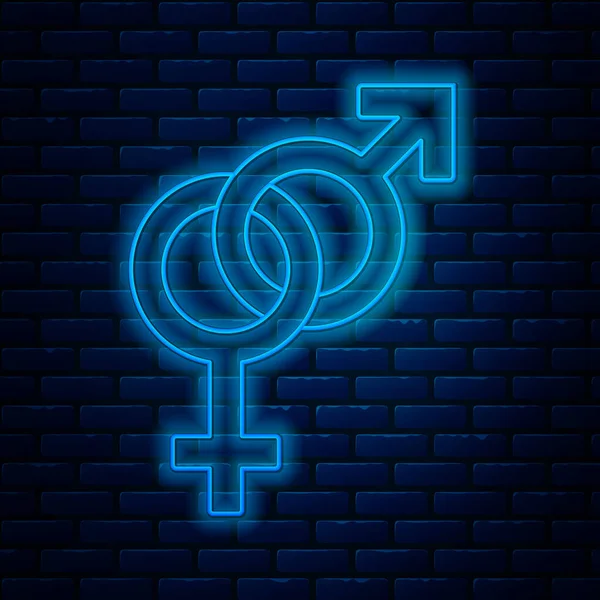 Светящаяся неоновая линия Гендерная иконка изолирована на фоне кирпичной стены. Символы мужчин и женщин. Секс-символ. Векторная миграция — стоковый вектор