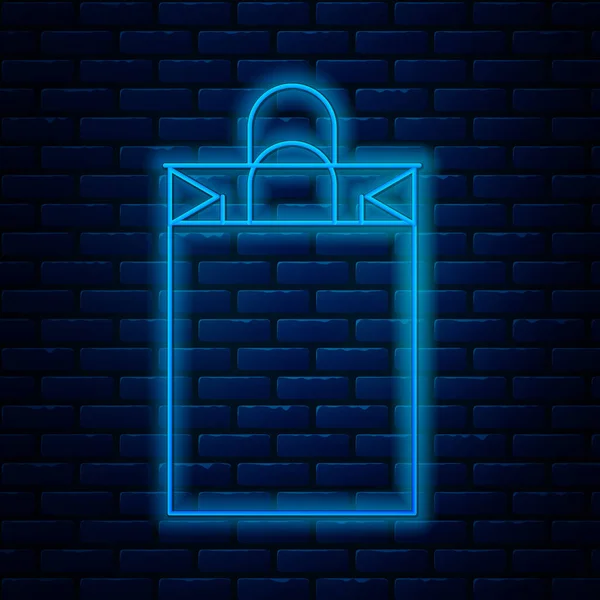 Glowing neon line Paper shopping bag icon isolated on brick wall background. Package sign. Vector Illustration — Stock Vector