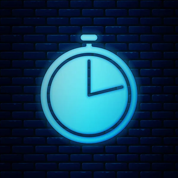 Glowing neon Stopwatch icon isolated on brick wall background. Time timer sign. Vector Illustration — Stock Vector