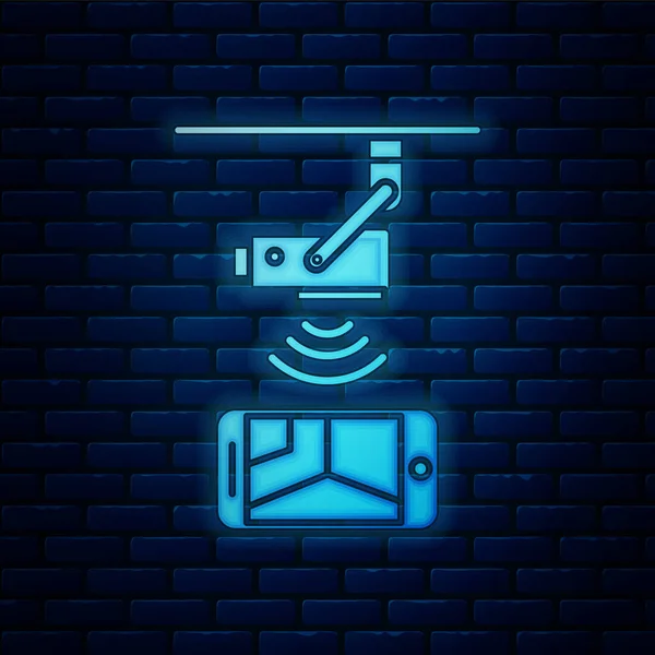 Освітлення неонової бездротової контрольної камери відеоспостереження зі значком смартфона ізольовано на фоні цегляної стіни. Концепція IOT та віддалена побутова техніка. Векторна ілюстрація — стоковий вектор