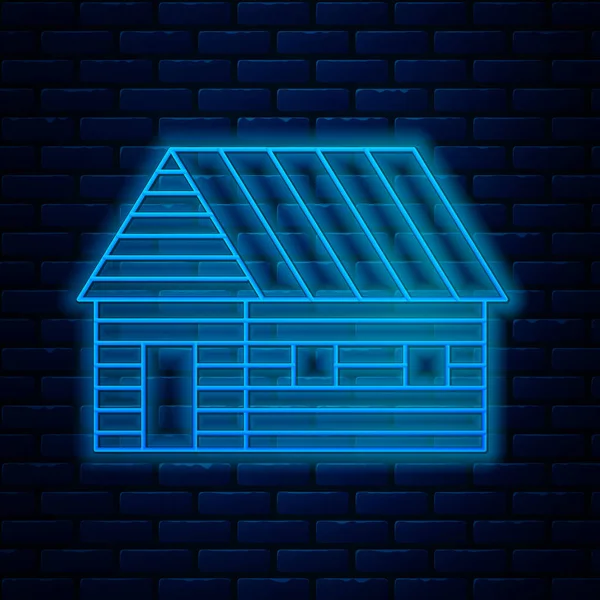 Parlayan neon hattı çiftlik evi simgesi tuğla duvar arka planında izole edilmiş. Vektör İllüstrasyonu — Stok Vektör
