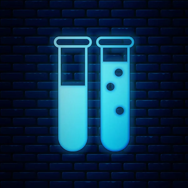 Žhnoucí neon zkumavky a baňky chemické laboratorní zkušební ikony izolované na pozadí cihlové stěny. Laboratorní značka skla. Vektorová ilustrace — Stockový vektor