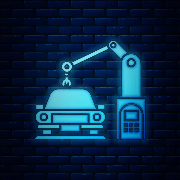 Brillante neón Máquina industrial robot brazo mano en coche icono de la fábrica aislado en el fondo de la pared de ladrillo. Automatización industrial de producción de automóviles. Ilustración vectorial — Archivo Imágenes Vectoriales