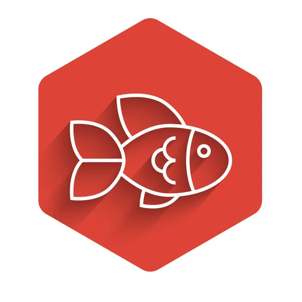 Línea blanca Icono de pescado aislado con sombra larga. Botón de hexágono rojo. Ilustración vectorial — Vector de stock