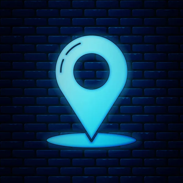 Gloeiende neon kaart PIN pictogram geïsoleerd op bakstenen muur achtergrond. Navigatie, pointer, locatie, kaart, GPS, richting, plaats, kompas, contact, zoek concept. Vector illustratie — Stockvector