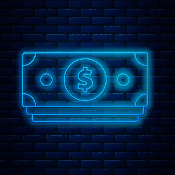 Ragyogó neon vonal Stacks papír pénz ikon elszigetelt téglafal háttér. Pénzbankjegyek halom. Bill valuta. Vektorillusztráció — Stock Vector