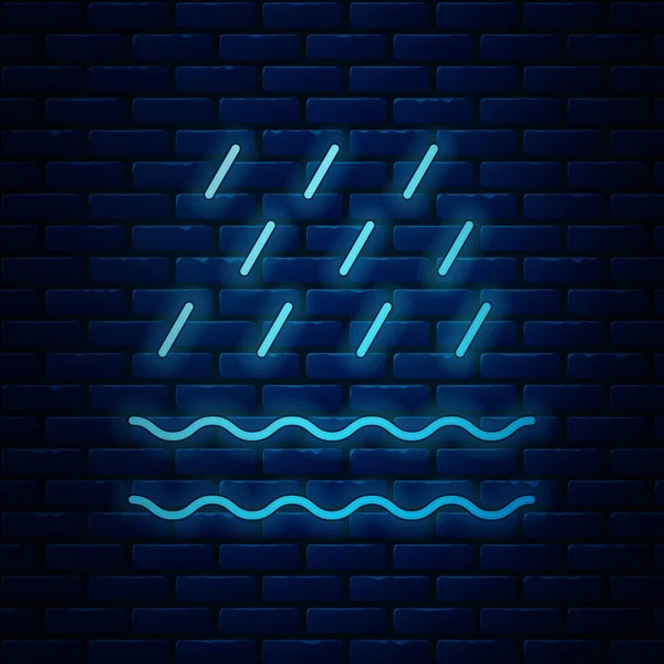Gloeiende neon Regen en golven pictogram geïsoleerd op bakstenen muur achtergrond. Regenwolk neerslag met regendruppels. Vector Illustratie — Stockvector