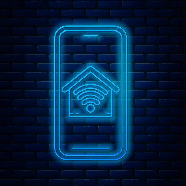 Linia luminoasă de neon Telefon mobil cu casa inteligentă cu pictograma wi-fi izolată pe fundalul peretelui de cărămidă. Controlul de la distanţă. Vector Illustration — Vector de stoc