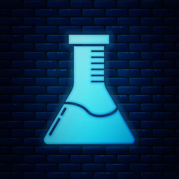 Leuchtende Neon-Reagenzglas und Kolben chemischen Labortest Symbol isoliert auf Backsteinwand Hintergrund. Laborgläser. Vektorillustration — Stockvektor