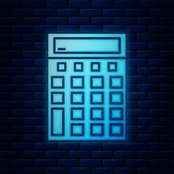 Glödande neon Calculator ikon isolerad på tegel vägg bakgrund. Bokföringssymbol. Beräkningar matematik utbildning och finans. Vektor Illustration — Stock vektor