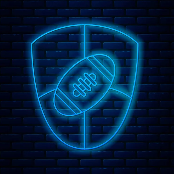 Leuchtende Neon-Linie American Football Ball und Schild-Symbol isoliert auf Backsteinwand Hintergrund. Rugby-Ikone. Mannschaftssport-Spiel Symbol. Vektorillustration — Stockvektor