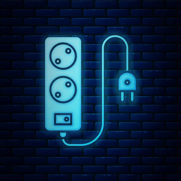 Icono de cable de extensión eléctrica de neón brillante aislado en el fondo de la pared de ladrillo. Toma de corriente. Ilustración vectorial — Archivo Imágenes Vectoriales