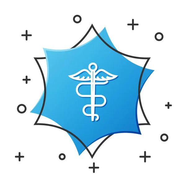 Línea blanca Caduceus serpiente símbolo médico icono aislado sobre fondo blanco. Medicina y salud. Emblema para farmacia o medicina, farmacia. Botón hexágono azul. Ilustración vectorial — Vector de stock
