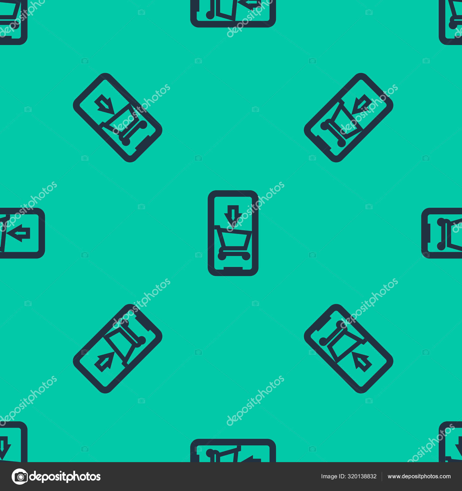 蓝线手机和购物车图标隔离无缝图案绿色背景 网上购物符号 超级市场篮子的象征 病媒图解 图库矢量图像 C Vectoroksana 320138832