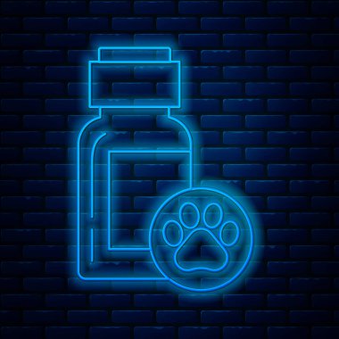 Parlayan neon hattı köpek ilacı ikonu tuğla duvar arkasında izole edilmiş. İçinde haplar olan konteynır. Hayvan için reçeteli ilaç. Vektör İllüstrasyonu