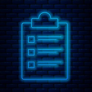 Duvarda izole edilmiş kontrol listesi simgesiyle parlayan neon çizgi panosu. Kontrol listesi sembolü. Anket anketi ya da anket geri bildirim formu. Vektör İllüstrasyonu