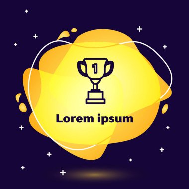 Siyah çizgi ödüllü kupa simgesi koyu mavi arkaplanda izole edilmiş. Galibiyet ödülü sembolü. Şampiyonluk ya da yarışma kupası. Spor başarısı işareti. Sıvı şekilli soyut pankart. Vektör İllüstrasyonu