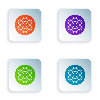 Renkli Film makarası simgesi beyaz arkaplanda izole edildi. Renkli kare düğmelere simgeleri yerleştir. Vektör İllüstrasyonu