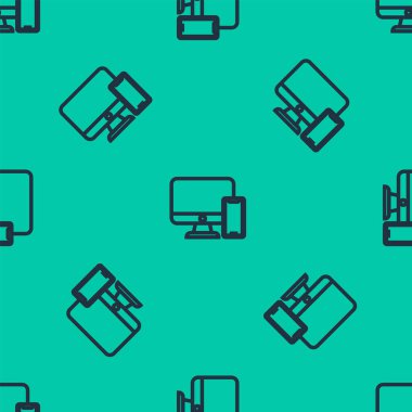 Mavi çizgi bilgisayar monitörü ve cep telefonu simgesi yeşil arka planda izole edilmiş. İnternetten kazanç, pazarlama. Vektör İllüstrasyonu