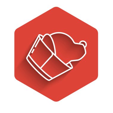 Beyaz çizgi veterinerlik kliniği sembolü uzun gölgeli izole edilmiş. Köpek veterineri bakımı. Evcil hayvan ilk yardım işareti. Kırmızı altıgen düğmesi. Vektör İllüstrasyonu