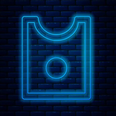 Parlayan neon hattı dikiş kalıbı simgesi tuğla duvar arka planında izole edildi. Dikiş için işaretler. Vektör İllüstrasyonu