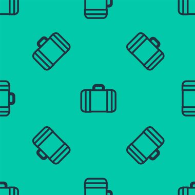 Seyahat simgesi için mavi bavul yeşil arka planda izole edilmiş pürüzsüz desen. Seyahat bagaj tabelası. Seyahat bagaj ikonu. Vektör İllüstrasyonu