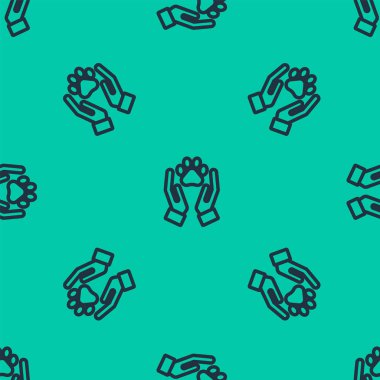 Mavi çizgi Eller hayvanların ayak izi simgesiyle yeşil arka planda izole edilmiş kusursuz desen. Yüreğindeki evcil hayvan pençesi. Hayvanlara sevgiler. Vektör İllüstrasyonu