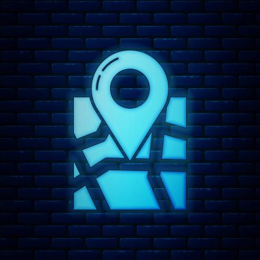 Parlayan neon kaplı harita, tuğla duvar arka planında izole edilmiş konum belirleyici simgesi. Vektör İllüstrasyonu