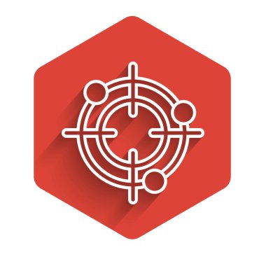 Rekabet ikonu vurmak için beyaz çizgi hedef sporu uzun gölgeli izole edilmiş. Atış poligonu ya da silah atışı için sayıları olan temiz bir hedef. Kırmızı altıgen düğmesi. Vektör İllüstrasyonu