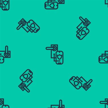 Mavi çizgi dijital kapı kilidi, kablosuz kilit teknolojisiyle yeşil arkaplanda izole edilmiş kusursuz desen. Kapı kolu tabelası. Güvenlik akıllı ev. Vektör İllüstrasyonu