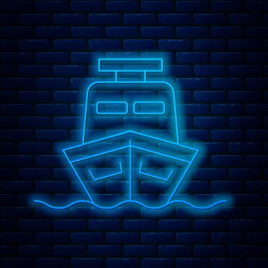 Parlayan neon hattı gemi simgesi tuğla duvar arka planında izole edildi. Vektör İllüstrasyonu