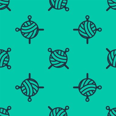 Mavi çizgili iplik yumağı örgü iğneleri ikonu yeşil arka planda izole edilmiş pürüzsüz desen. El yapımı, örgü ya da terzi için etiket. Vektör İllüstrasyonu