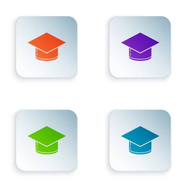 Renk derecelendirme başlığı simgesi beyaz arkaplanda izole edildi. Tassel ikonlu mezuniyet şapkası. Renkli kare düğmelere simgeleri yerleştir. Vektör İllüstrasyonu